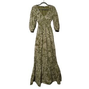 PATRONS OF PEACE Maxi Dress Olive Green Floral Print Smocked Waist 3/4 Sleeve XS